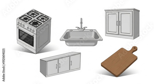 Collection of kitchen appliances and utensils illustration.