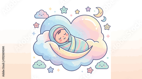 A serene illustration of a baby peacefully sleeping wrapped in a swaddle on a fluffy cloud shaped like a heart, surrounded by stars and a crescent moon.