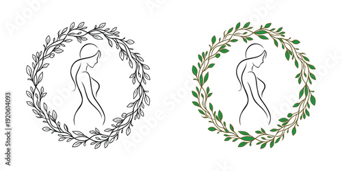Elegant Feminine Silhouette Inside a Circular Leaf Wreath