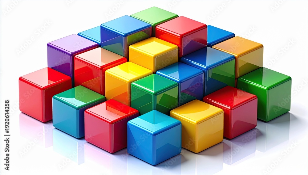 Obraz premium Colorful glossy 3D cubes stacked in pyramid formation on white background, vibrant abstract geometric render.
