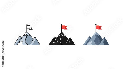 Three mountain peaks with flags vector illustration set, success achievement goals concept, minimalist flat design for business and leadership