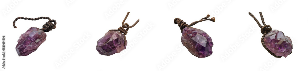 Fototapeta premium Raw amethyst crystal pendant with rope, isolated on white background isolated on transparent background