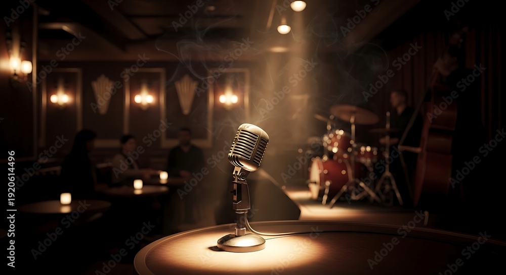 Naklejka premium Retro microphone on a stage with a band