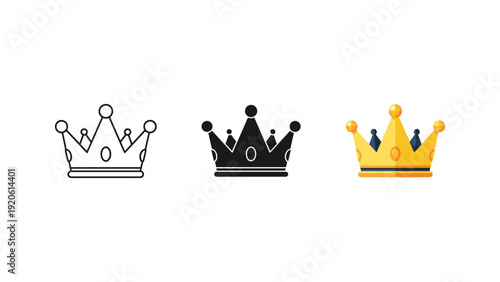Three golden and black crown icons set royalty leadership success hierarchy vector illustration isolated