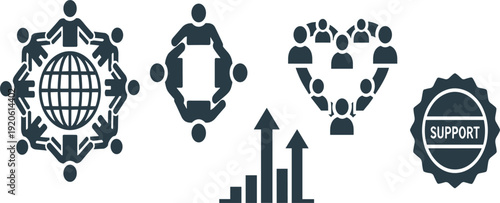 Global Community and Support Icons with Team Collaboration, Social Network, Growth Chart, and Customer Service Badge for Business Organization Design.