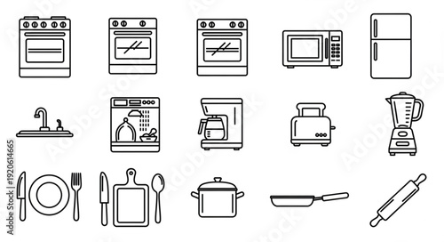 Collection of kitchen appliance and utensil line art icons.