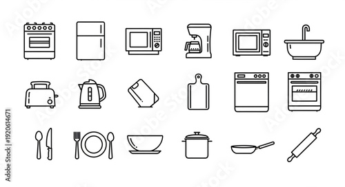 Collection of kitchen appliance and utensil icons in a simple line art style.
