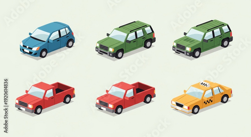 Collection of isometric vehicles including cars trucks and taxi.
