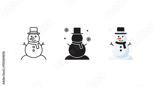 Three cartoon snowmen with hats and scarves in winter holiday vector illustration isolated on white background