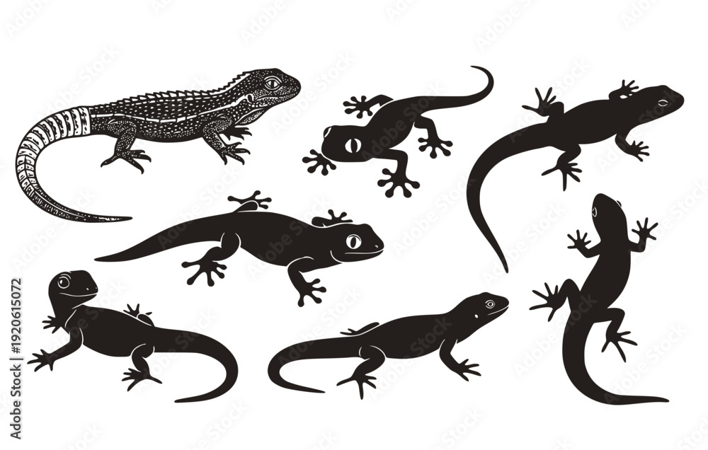 Obraz premium Halftone Hand Drawn Lizard Silhouette Reptile Gecko Set 8 Black Shape Profile Outline-Amphibian Creature Form Vector Set