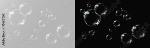 фотографія Soap, bubble, transparent, color, air — realistic PNG bubble with glossy finishTransparent soap bubbles floating on black and white background