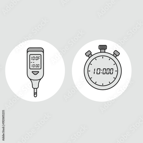 Line art icons of a digital thermometer and a stopwatch with numerical displays.