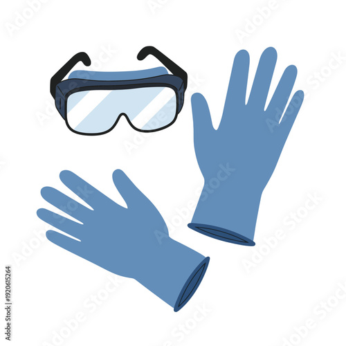 Blue protective gloves and clear safety goggles for personal protection.