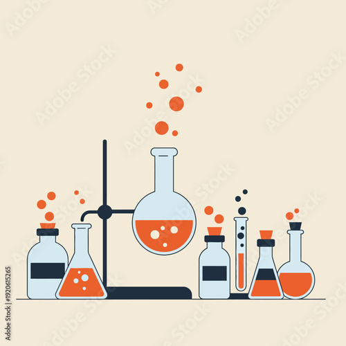 Flat design illustration of various chemistry lab glassware with orange bubbling liquids and a retort stand, depicting a scientific experiment.