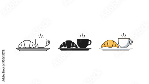 Three coffee cups with steam rising on trays breakfast set morning routine minimalist flat design vector illustration