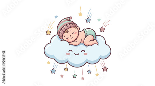 Adorable baby sleeping peacefully on a fluffy cloud surrounded by shooting stars and a gentle pastel color palette.