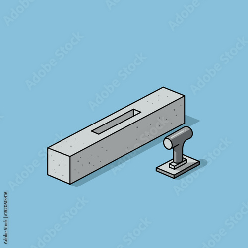 A concrete block with a slot and a small hand tool on a blue background, depicted in an isometric style.