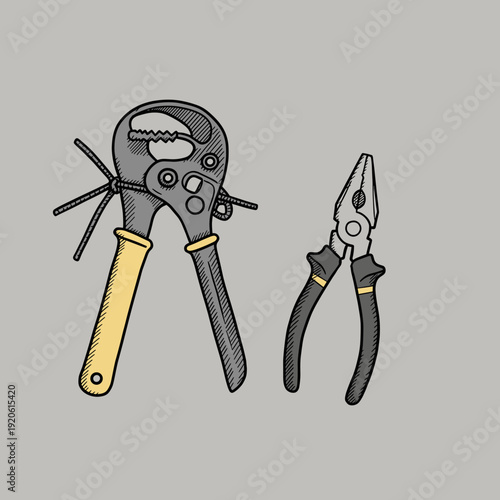 Detailed illustration of two essential hand tools, a multi-tool plier and needle-nose pliers, against a plain grey background.