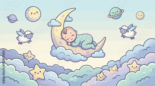 A cute baby peacefully sleeping on a crescent moon surrounded by fluffy clouds, stars, and planets, creating a dreamy, celestial nursery scene.