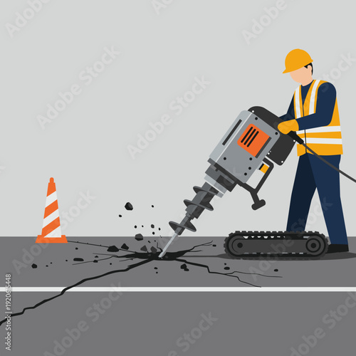 A construction worker in a hard hat and safety vest operating a large tracked jackhammer to break up cracked asphalt on a road, with a traffic cone nearby.