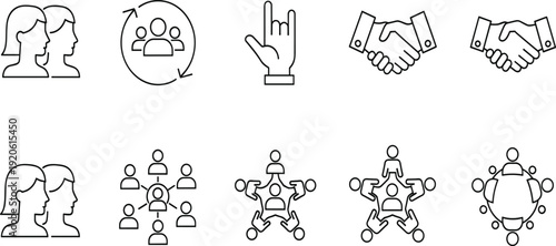Teamwork partnership and business collaboration line icon set with handshake network community outline vector collection for corporate design.