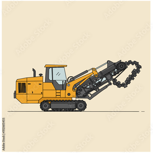 A yellow tracked trencher machine with a digging chain on a light background, used for excavation and utility installation.