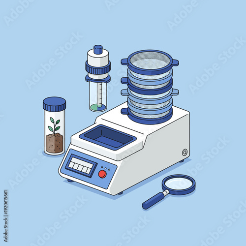Illustration of laboratory equipment including a plant in a test tube, a shaker, and a sieve.