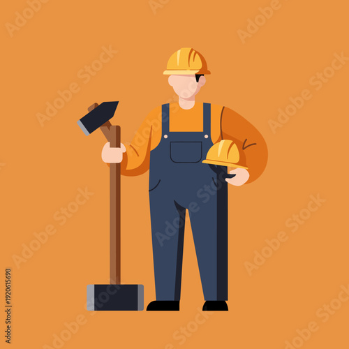 A flat illustration of a construction worker in overalls and a hard hat, holding a large sledgehammer and another hard hat.