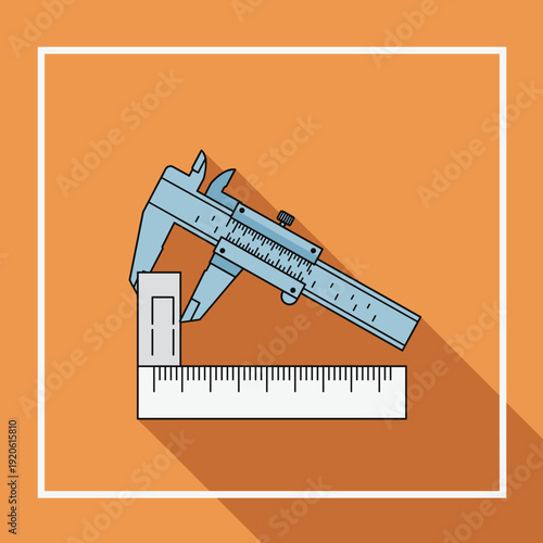 Precision measurement tools: a caliper measuring a block on a ruler, flat design illustration.