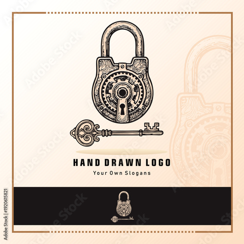Vintage padlock logo illustration in hand drawn engraving style