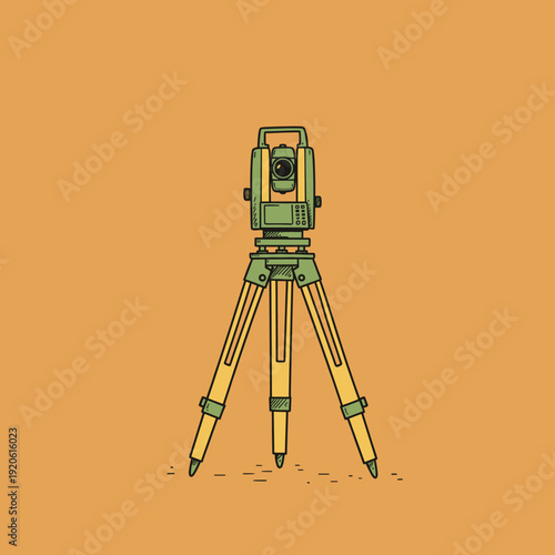 An illustrated total station surveying instrument on a tripod against an orange background.