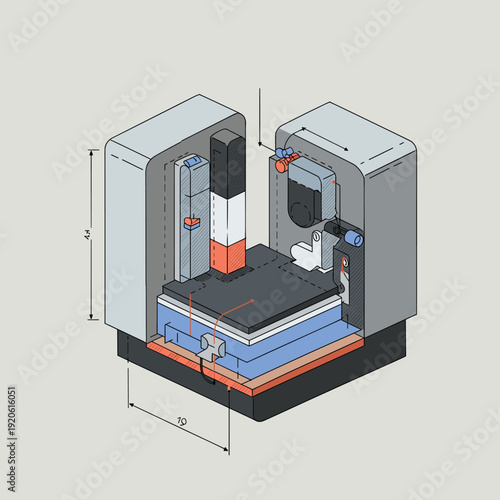 Isometric cutaway illustration of a precision industrial machine with internal components and dimensions.