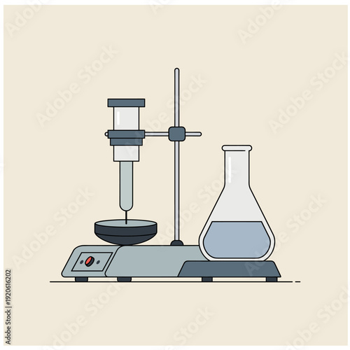 Illustration of laboratory equipment, including a stand, a probe or stirrer, a flask with liquid, and a base unit, used for scientific experiments.