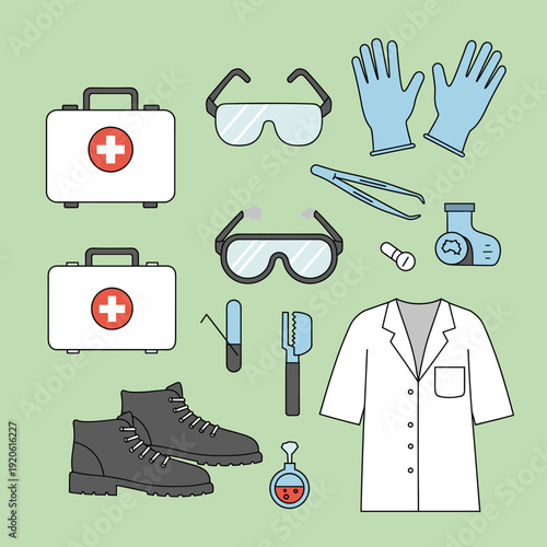 A collection of essential safety and laboratory equipment including first aid kits, goggles, gloves, lab coat, and various scientific tools.