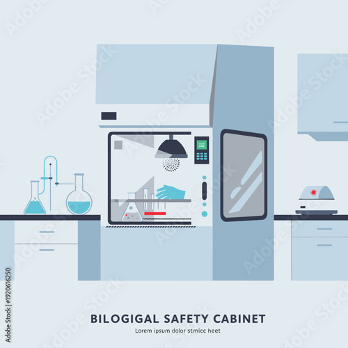 Illustration of a biological safety cabinet in a laboratory setting with various scientific equipment and a gloved hand performing an experiment.