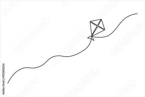 A minimalist one-line drawing of a diamond kite, tilted upward to show motion, in a clean, modern continuous-line art style.