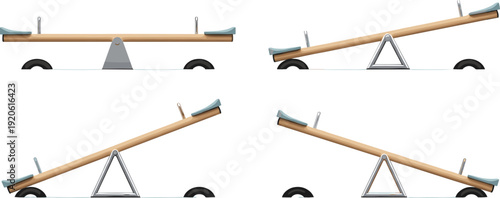 Realistic seesaw balance playground equipment set with different tilt positions leverage concept detailed vector illustration collection.
