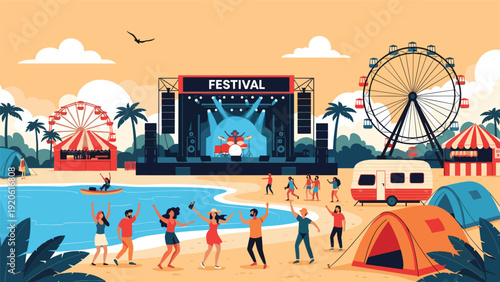 Energetic music festival on a sandy beach with a live stage, ferris wheels, and people dancing under a sunset sky.