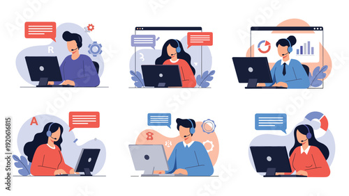 Variety of professional call center agents wearing headsets and working on computers providing customer support in a digital workspace.