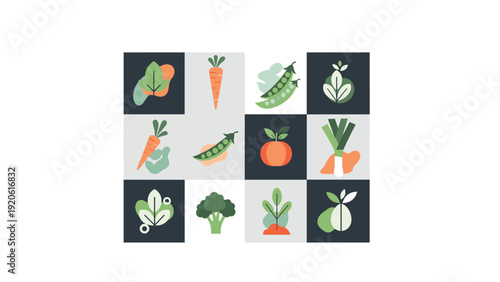 Grid pattern of stylized vegetable icons including carrots, peas, and leafy greens promotes a healthy organic lifestyle and fresh produce.