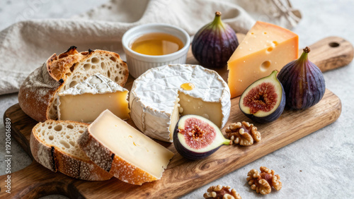 Wallpaper Mural A rustic wooden board displays a wheel of brie cheese, sliced baguette, figs, and walnuts. A small dish of honey sits nearby. The composition evokes a sense of culinary indulgence and simple elegance. Torontodigital.ca