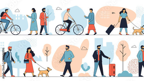 Seamless pattern showing people in various everyday activities like walking dogs, riding bicycles, and traveling with luggage in the city.
