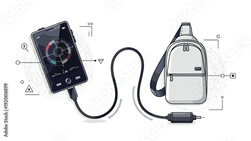 Smart backpack charging a mobile phone through a connected cable demonstrates innovative wearable technology and mobile power solutions.