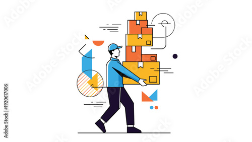 Hardworking delivery man carrying a tall stack of cardboard boxes for shipment in a modern graphic style.