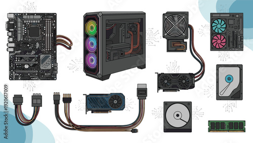 Detailed diagram of desktop computer components including a motherboard, GPU, power supply, and storage drives for building a PC.
