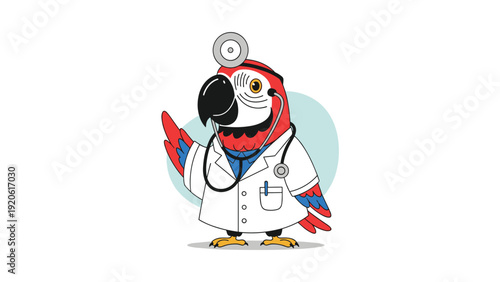 Whimsical illustration of a red macaw parrot dressed as a medical doctor wearing a white coat and a stethoscope.