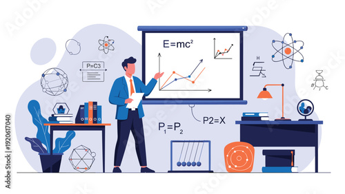 Confident professor giving a physics lecture using a screen with formulas and graphs in a laboratory filled with scientific equipment.