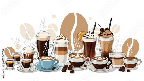 Extensive assortment of delicious coffee beverages including espresso, latte, cappuccino, and frappe on a background of coffee beans.