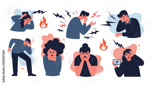Collection of characters experiencing various symptoms of stress, anger, headache, and emotional distress in a colorful flat design.