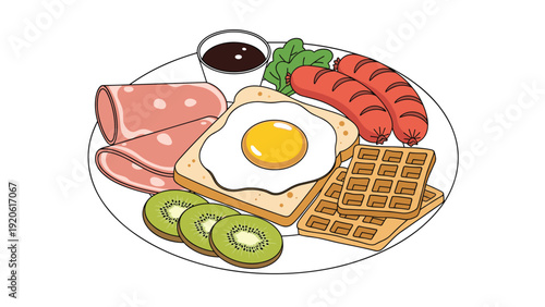 Hearty breakfast plate featuring a fried egg, sausages, ham, waffles, and fresh kiwi slices with a cup of syrup.